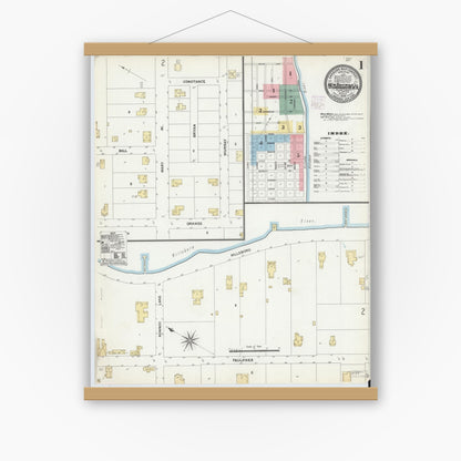 Old map wall art mockup — magnetic wood frame on white wall — Sanborn Fire Insurance Map from New Smyrna, Valusia County, Florida (1906), Sheet #0001