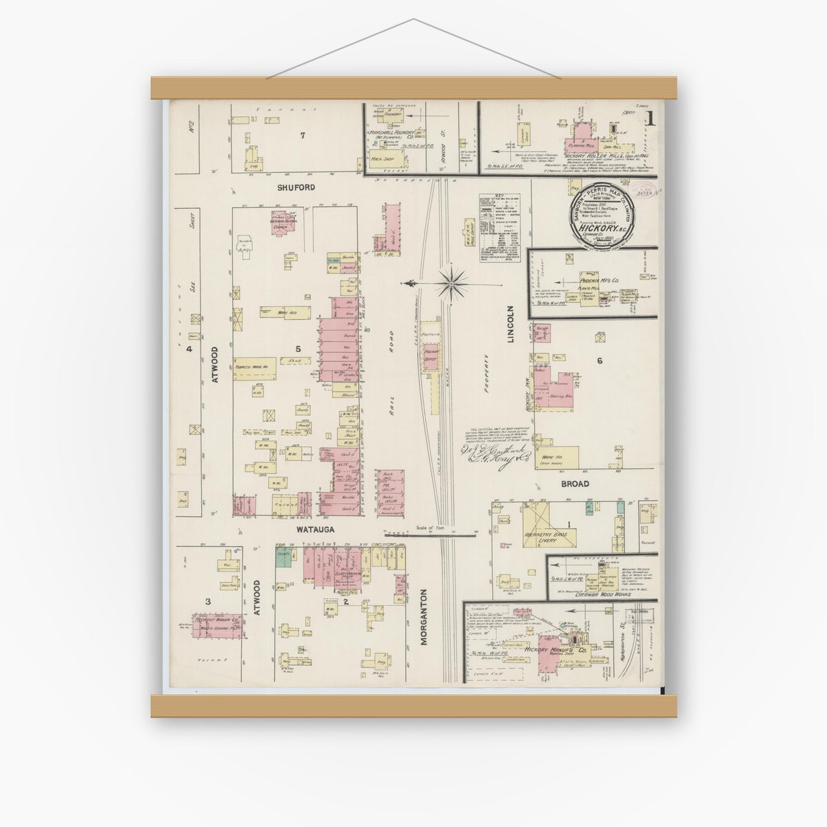 Old map wall art mockup — magnetic wood frame on white wall — Sanborn Fire Insurance Map from Hickory, Catawba County, North Carolina (1890), Sheet #0001