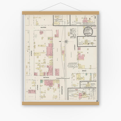 Old map wall art mockup — magnetic wood frame on white wall — Sanborn Fire Insurance Map from Hickory, Catawba County, North Carolina (1890), Sheet #0001