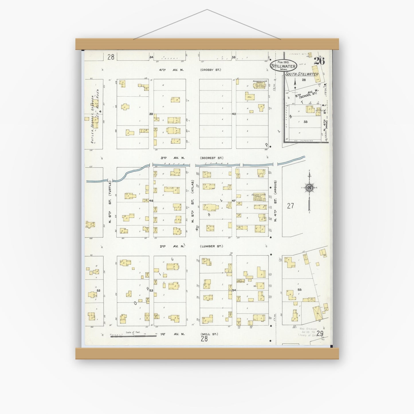 Old map wall art mockup — magnetic wood frame on white wall — Sanborn Fire Insurance Map from Stillwater, Washington County, Minnesota (1910), Sheet #0026