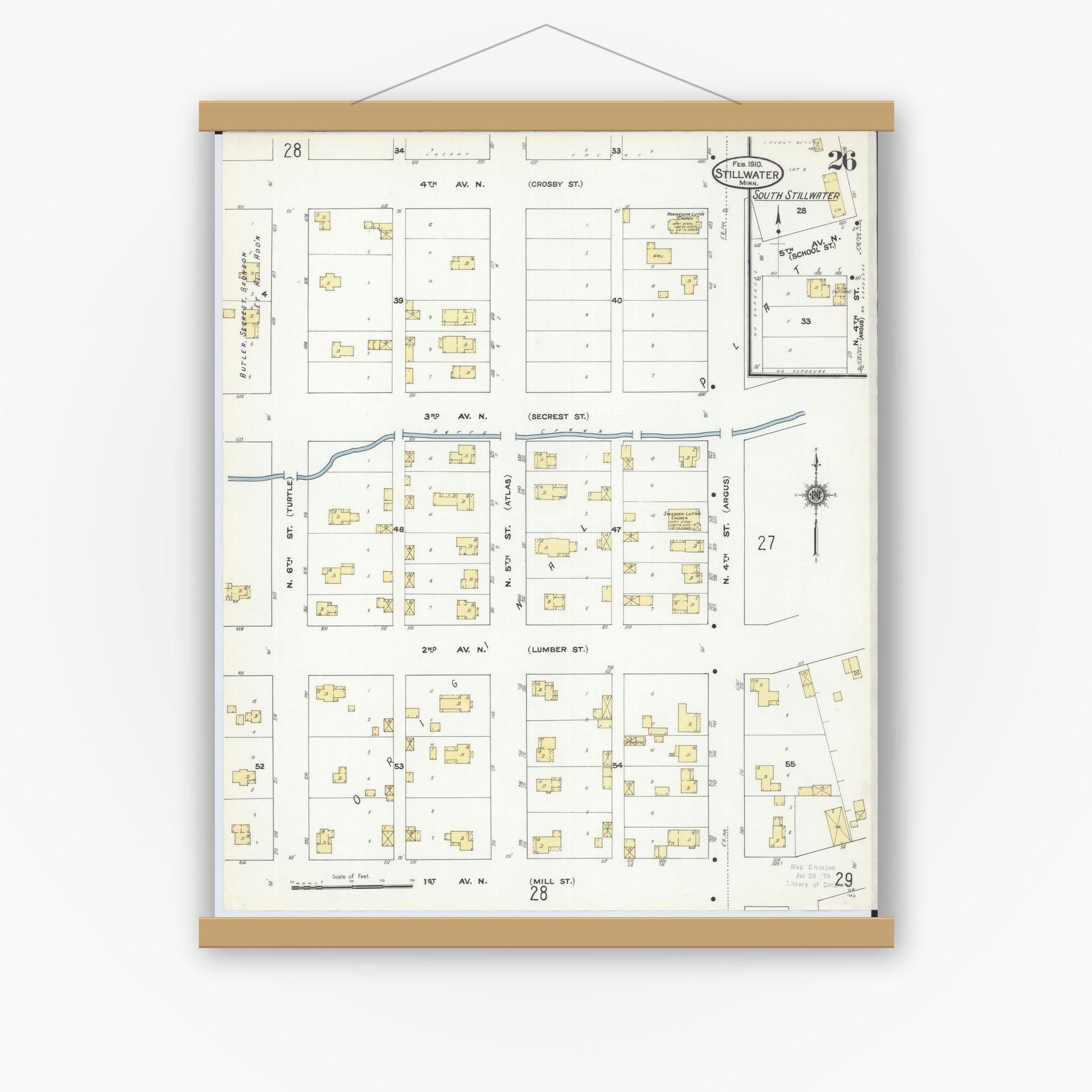 Old map wall art mockup — magnetic wood frame on white wall — Sanborn Fire Insurance Map from Stillwater, Washington County, Minnesota (1910), Sheet #0026