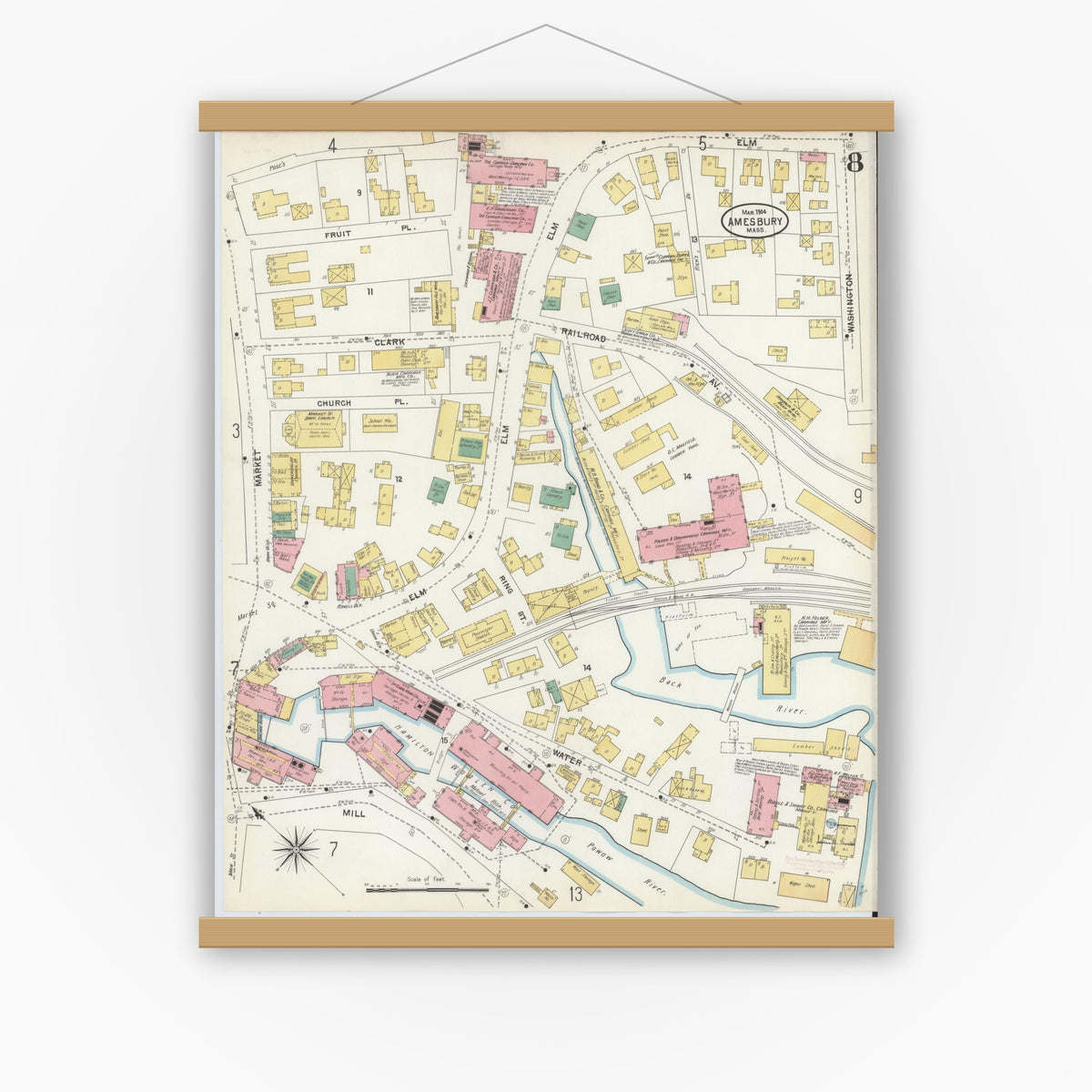 Old map wall art mockup — magnetic wood frame on white wall — Sanborn Fire Insurance Map from Amesbury, Essex County, Massachusetts (1904), Sheet #0008