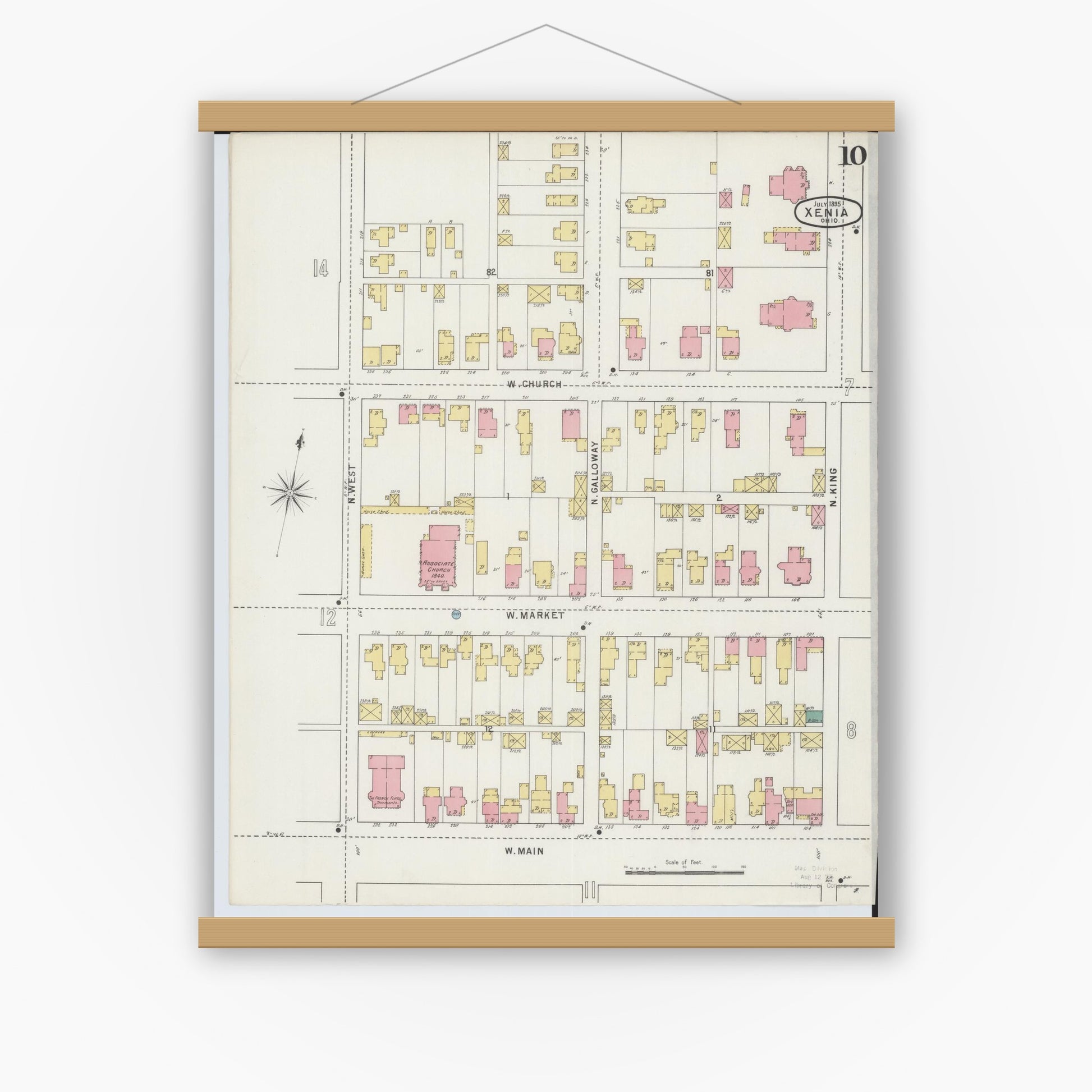 Old map wall art mockup — magnetic wood frame on white wall — Sanborn Fire Insurance Map from Xenia, Greene County, Ohio (1895), Sheet #0010