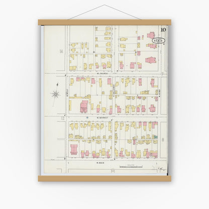 Old map wall art mockup — magnetic wood frame on white wall — Sanborn Fire Insurance Map from Xenia, Greene County, Ohio (1895), Sheet #0010