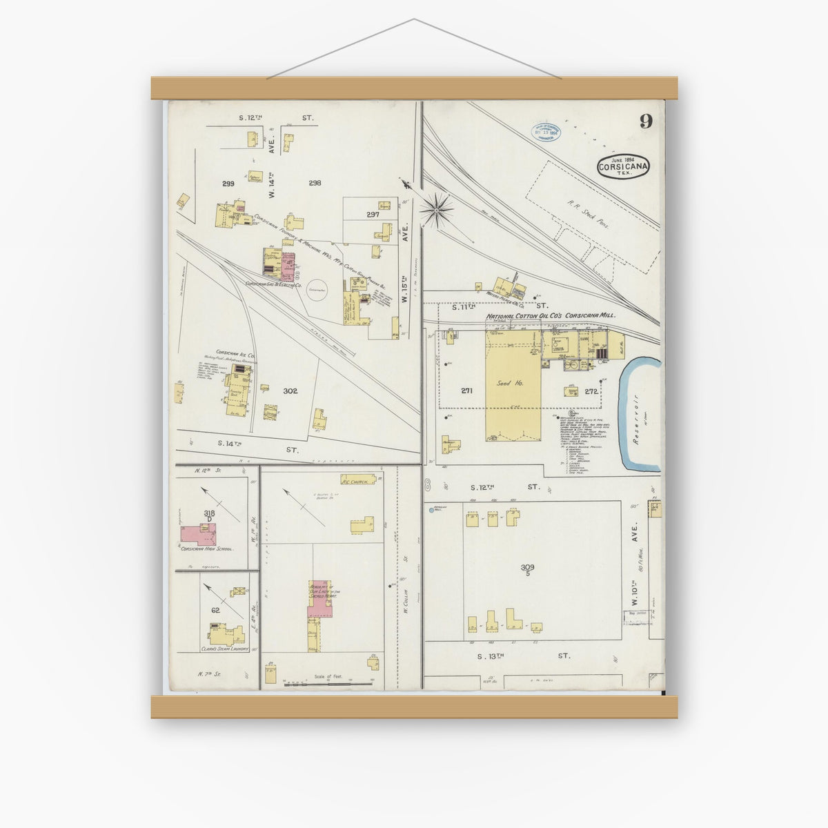 Old map wall art mockup — magnetic wood frame on white wall — Sanborn Fire Insurance Map from Corsicana, Navarro County, Texas (1894), Sheet #0009