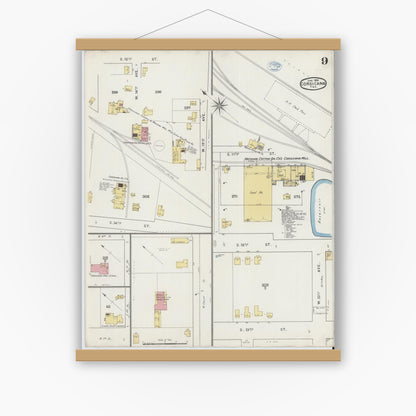 Old map wall art mockup — magnetic wood frame on white wall — Sanborn Fire Insurance Map from Corsicana, Navarro County, Texas (1894), Sheet #0009