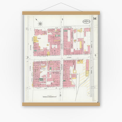 Old map wall art mockup — magnetic wood frame on white wall — Sanborn Fire Insurance Map from Charlotte, Mecklenburg County, North Carolina (1905), Sheet #0014