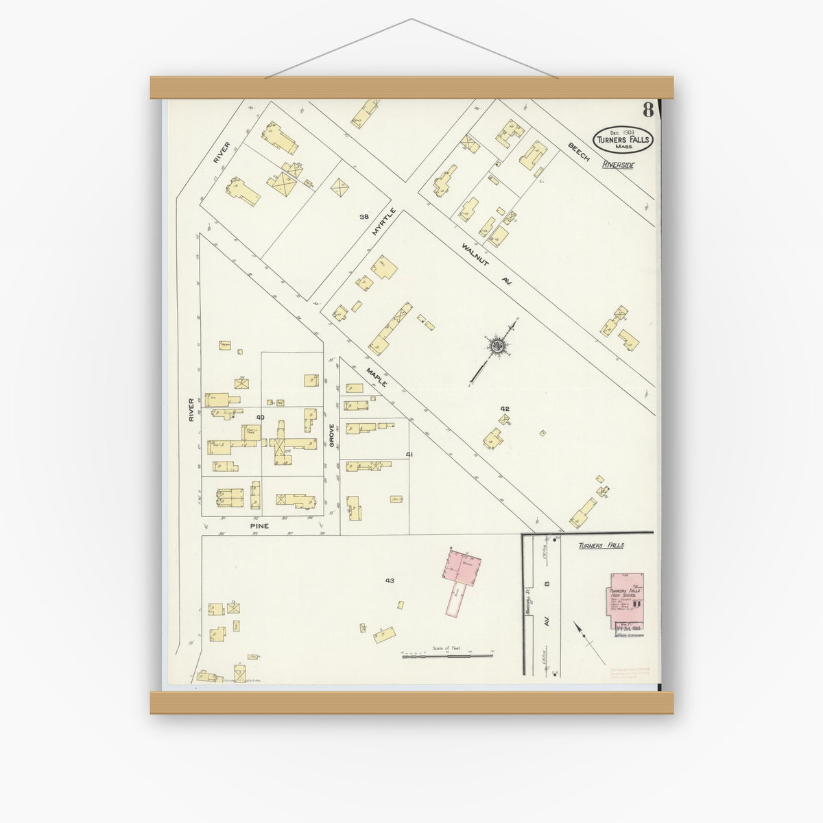 Old map wall art mockup — magnetic wood frame on white wall — Sanborn Fire Insurance Map from Turners Falls, Franklin County, Massachusetts (1909), Sheet #0008