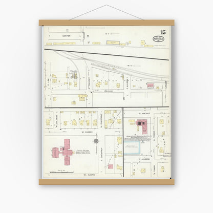 Old map wall art mockup — magnetic wood frame on white wall — Sanborn Fire Insurance Map from Nevada, Vernon County, Missouri (1914), Sheet #0015