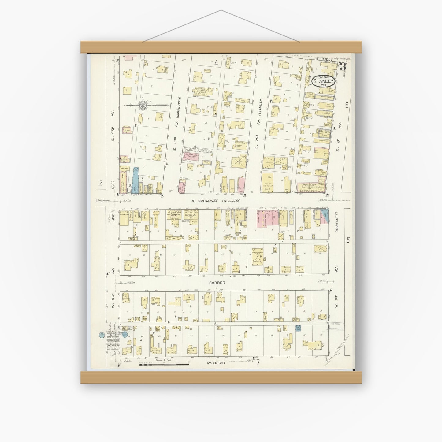 Old map wall art mockup — magnetic wood frame on white wall — Sanborn Fire Insurance Map from Stanley, Chippewa County, Wisconsin (1912), Sheet #0003