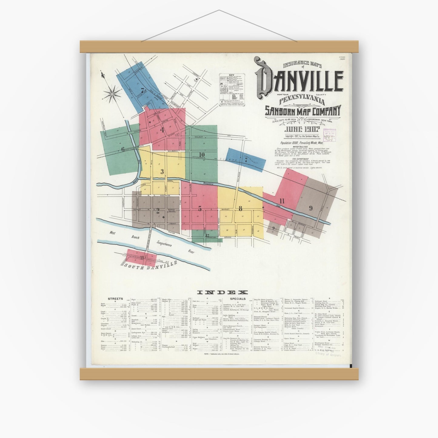 Old map wall art mockup — magnetic wood frame on white wall — Sanborn Fire Insurance Map from Danville, Montour County, Pennsylvania (1907) - Complete Map Set