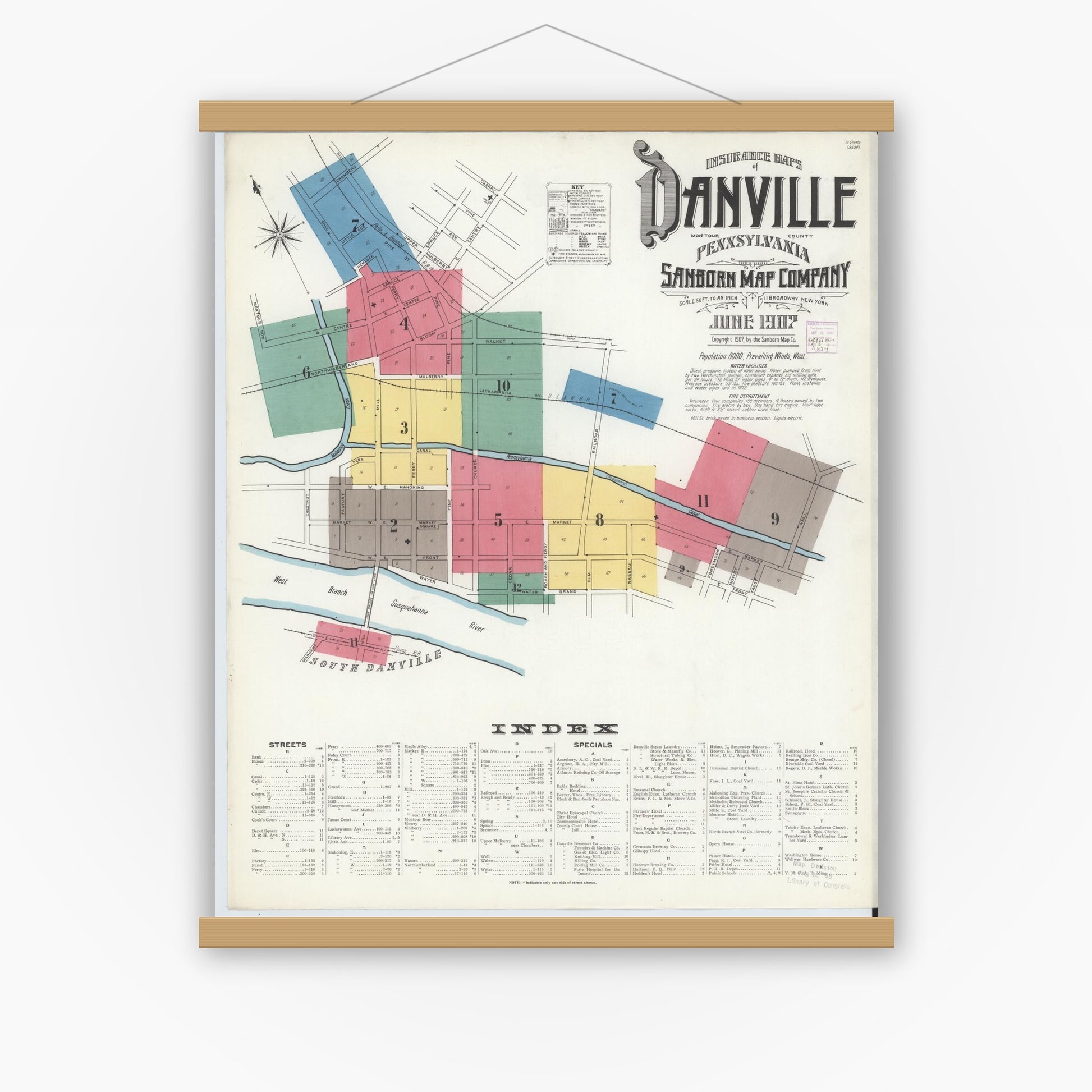 Old map wall art mockup — magnetic wood frame on white wall — Sanborn Fire Insurance Map from Danville, Montour County, Pennsylvania (1907) - Complete Map Set