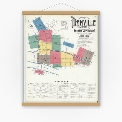 Old map wall art mockup — magnetic wood frame on white wall — Sanborn Fire Insurance Map from Danville, Montour County, Pennsylvania (1907) - Complete Map Set