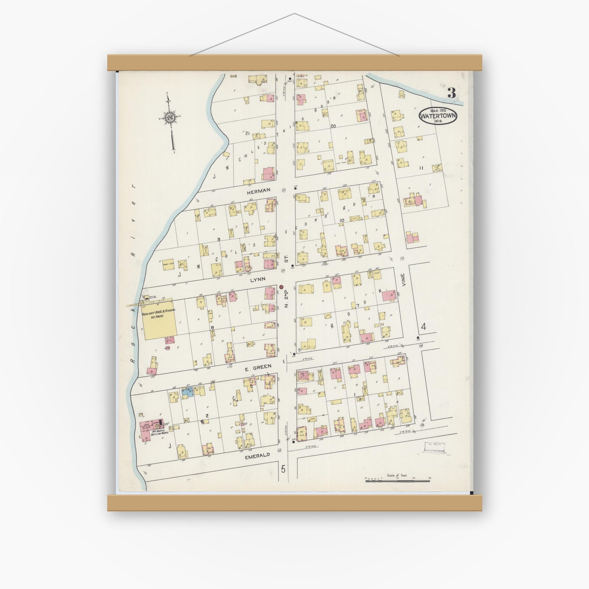 Old map wall art mockup — magnetic wood frame on white wall — Sanborn Fire Insurance Map from Watertown, Jefferson County, Wisconsin (1915), Sheet #0004