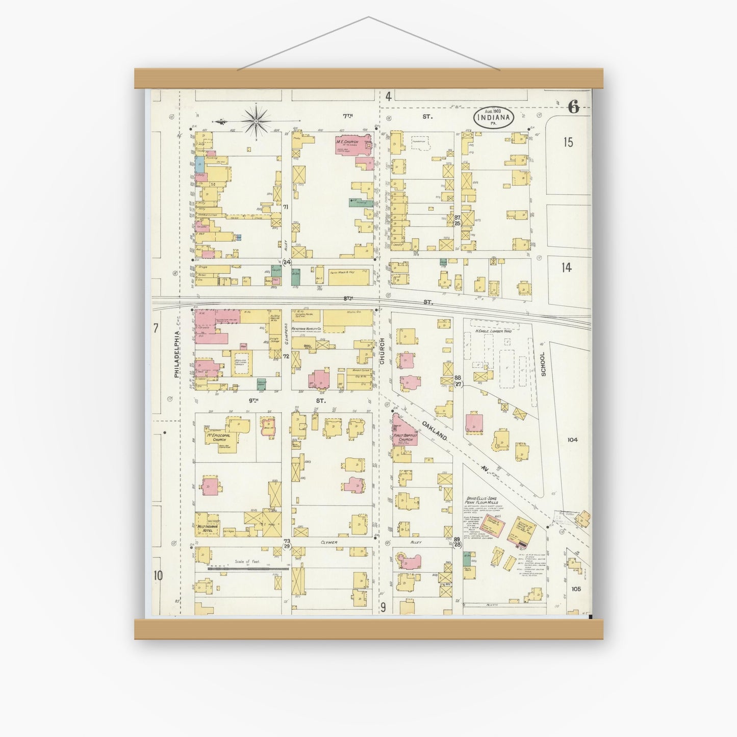 Old map wall art mockup — magnetic wood frame on white wall — Sanborn Fire Insurance Map from Indiana, Indiana County, Pennsylvania (1903), Sheet #0006