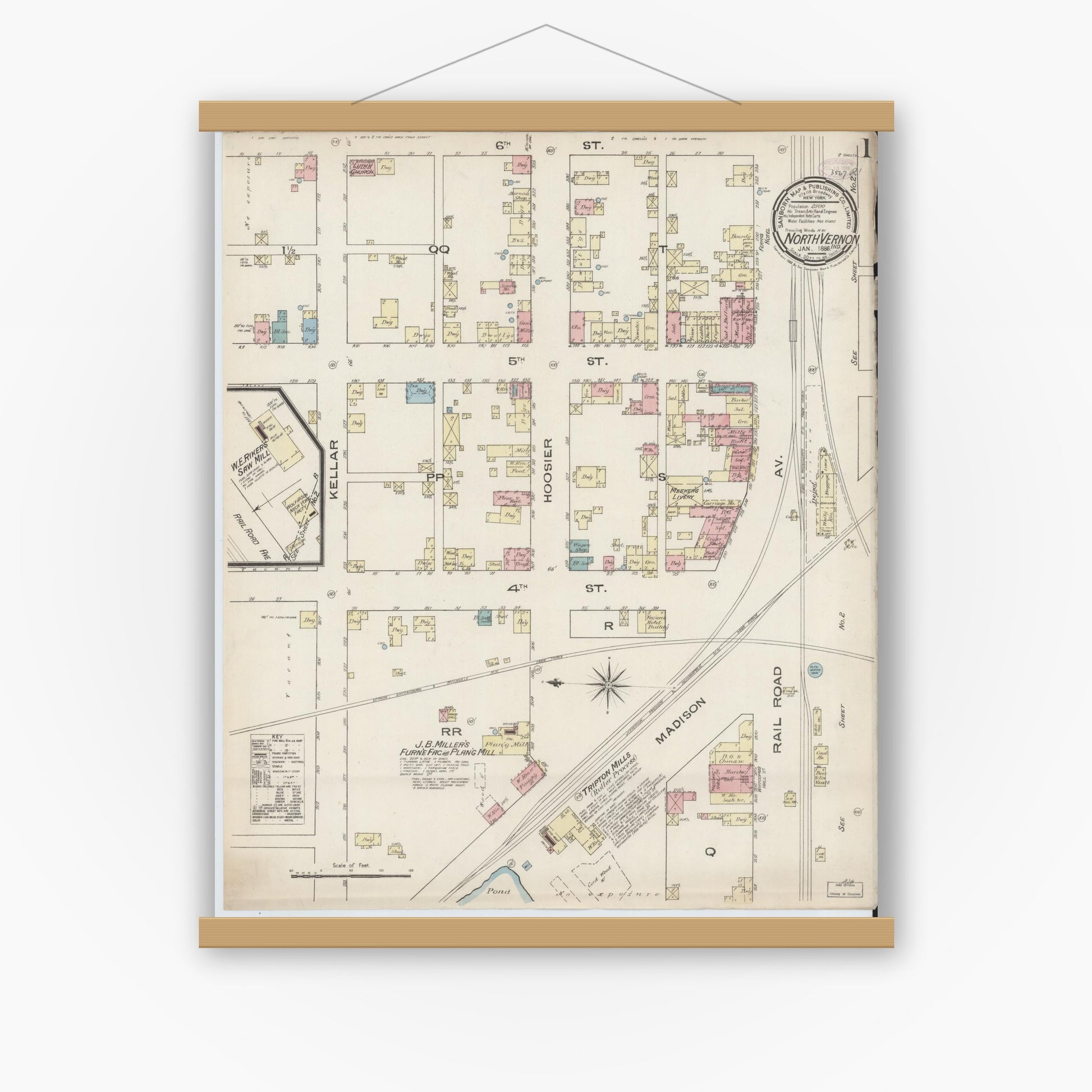 Old map wall art mockup — magnetic wood frame on white wall — Sanborn Fire Insurance Map from North Vernon, Jennings County, Indiana (1886) - Complete Map Set