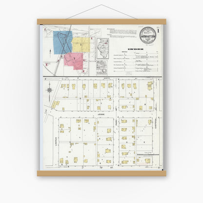 Old map wall art mockup — magnetic wood frame on white wall — Sanborn Fire Insurance Map from Manhattan, Will County, Illinois (1921) - Complete Map Set