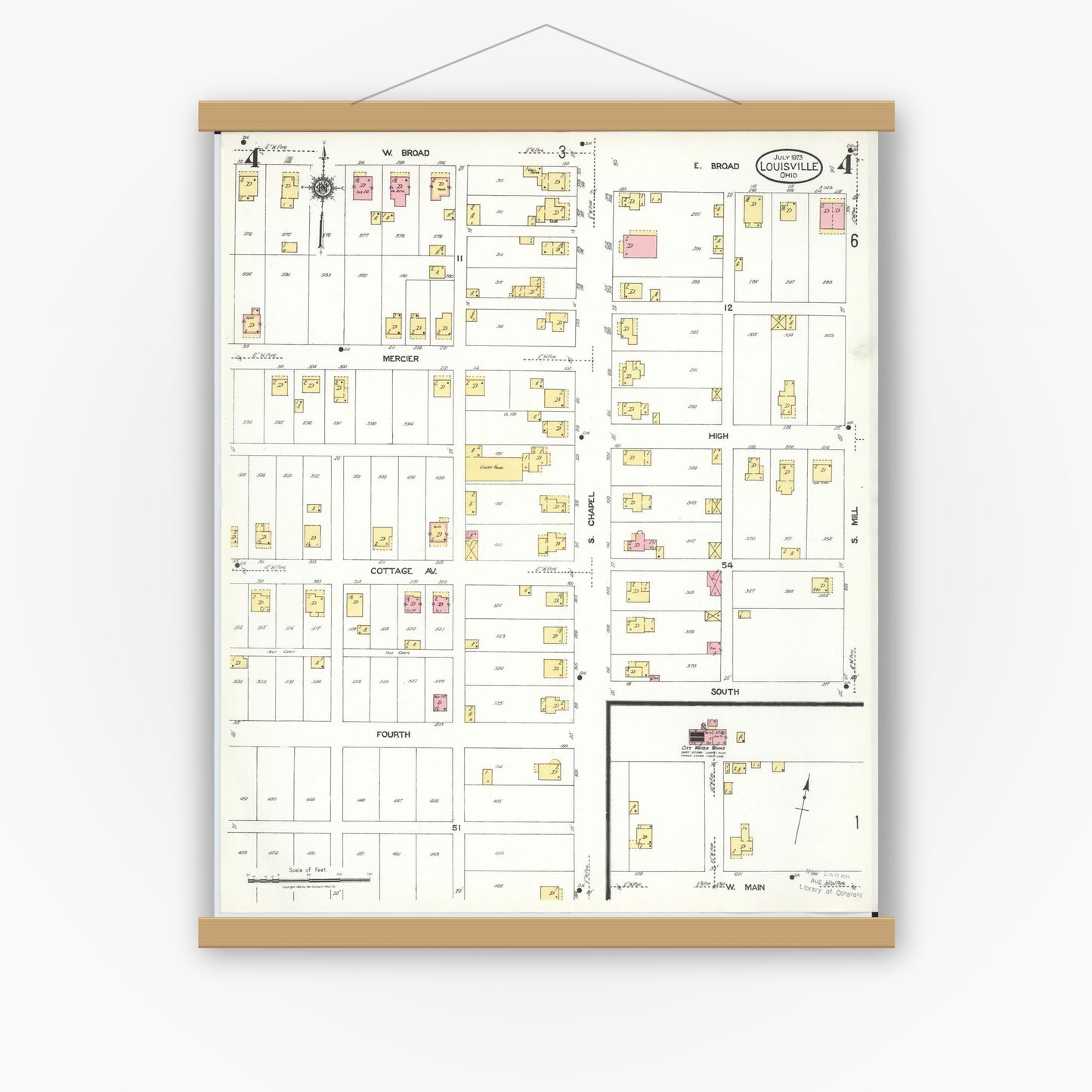 Old map wall art mockup — magnetic wood frame on white wall — Sanborn Fire Insurance Map from Louisville, Stark County, Ohio (1923), Sheet #0004