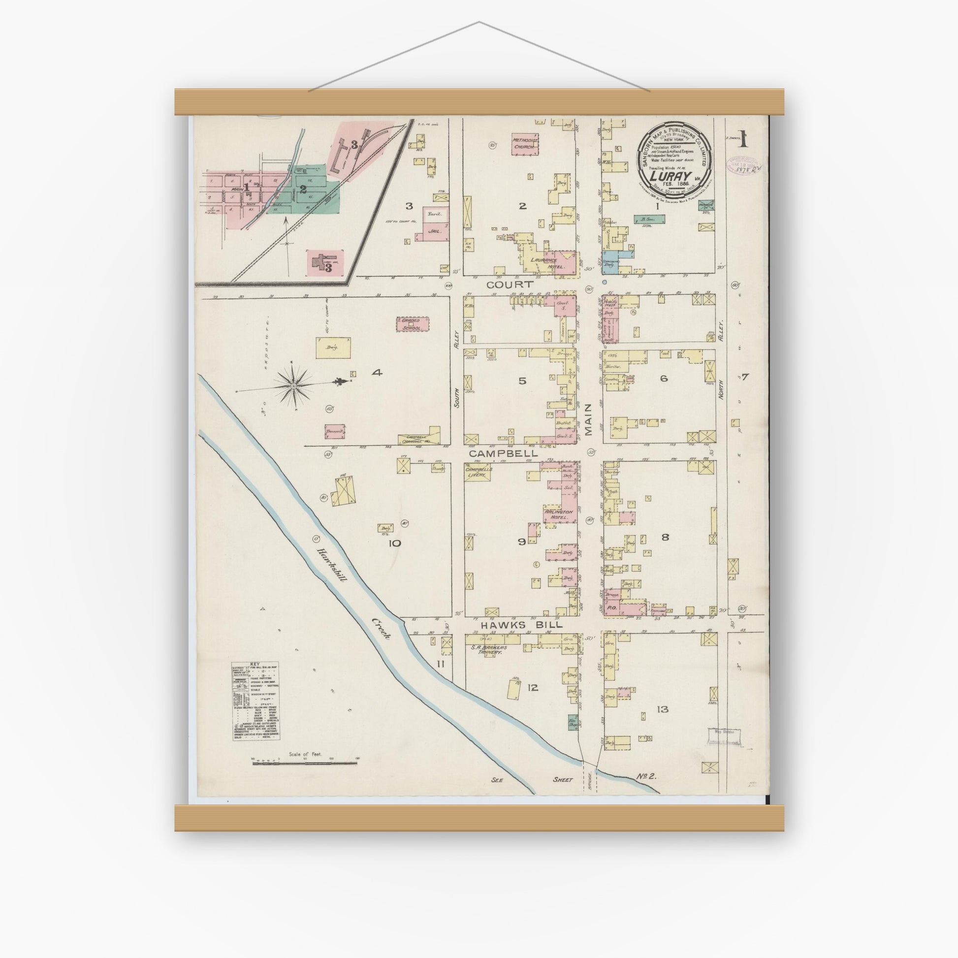 Old map wall art mockup — magnetic wood frame on white wall — Sanborn Fire Insurance Map from Luray, Page County, Virginia (1886) - Complete Map Set