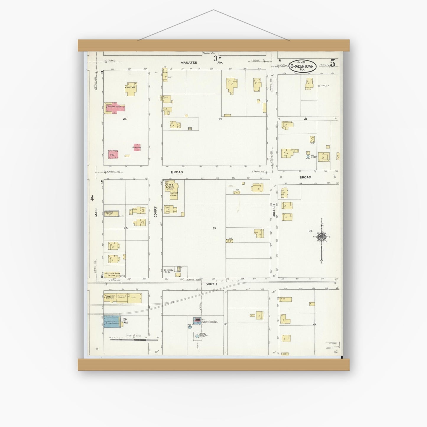 Old map wall art mockup — magnetic wood frame on white wall — Sanborn Fire Insurance Map from Bradentown, Manatee County, Florida (1911), Sheet #0005