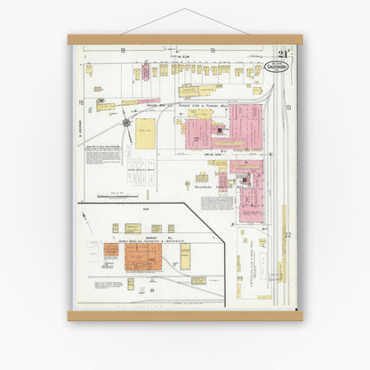 Old map wall art mockup — magnetic wood frame on white wall — Sanborn Fire Insurance Map from Goldsboro, Wayne County, North Carolina (1918), Sheet #0021