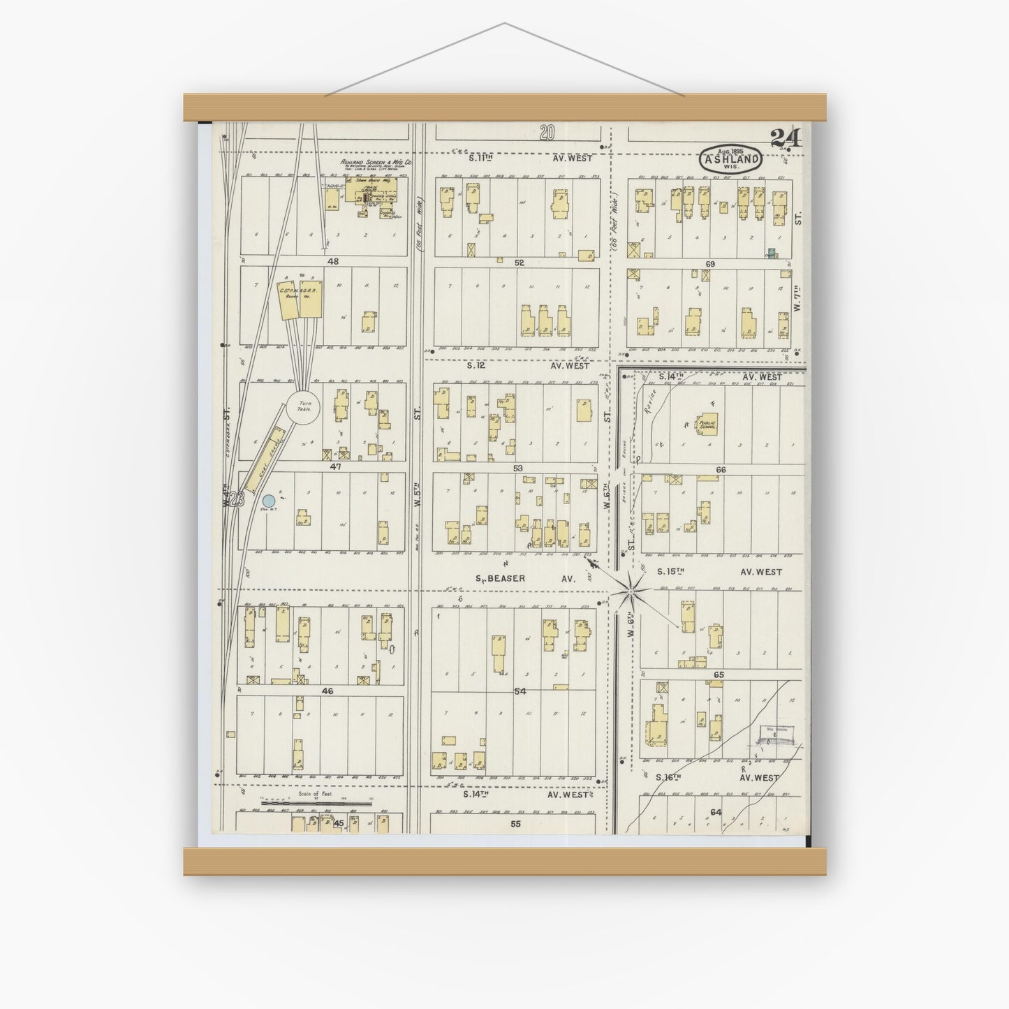 Old map wall art mockup — magnetic wood frame on white wall — Sanborn Fire Insurance Map from Ashland, Ashland County, Wisconsin (1895), Sheet #0024