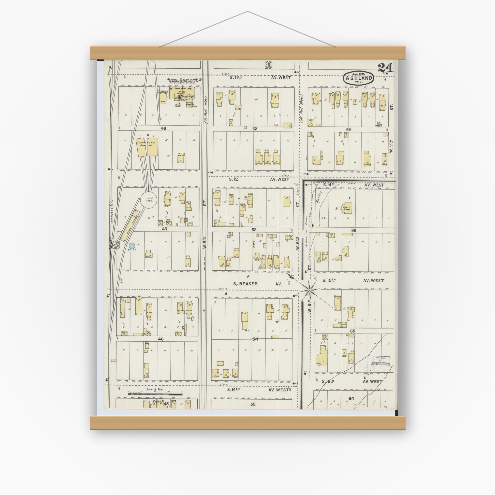 Old map wall art mockup — magnetic wood frame on white wall — Sanborn Fire Insurance Map from Ashland, Ashland County, Wisconsin (1895), Sheet #0024