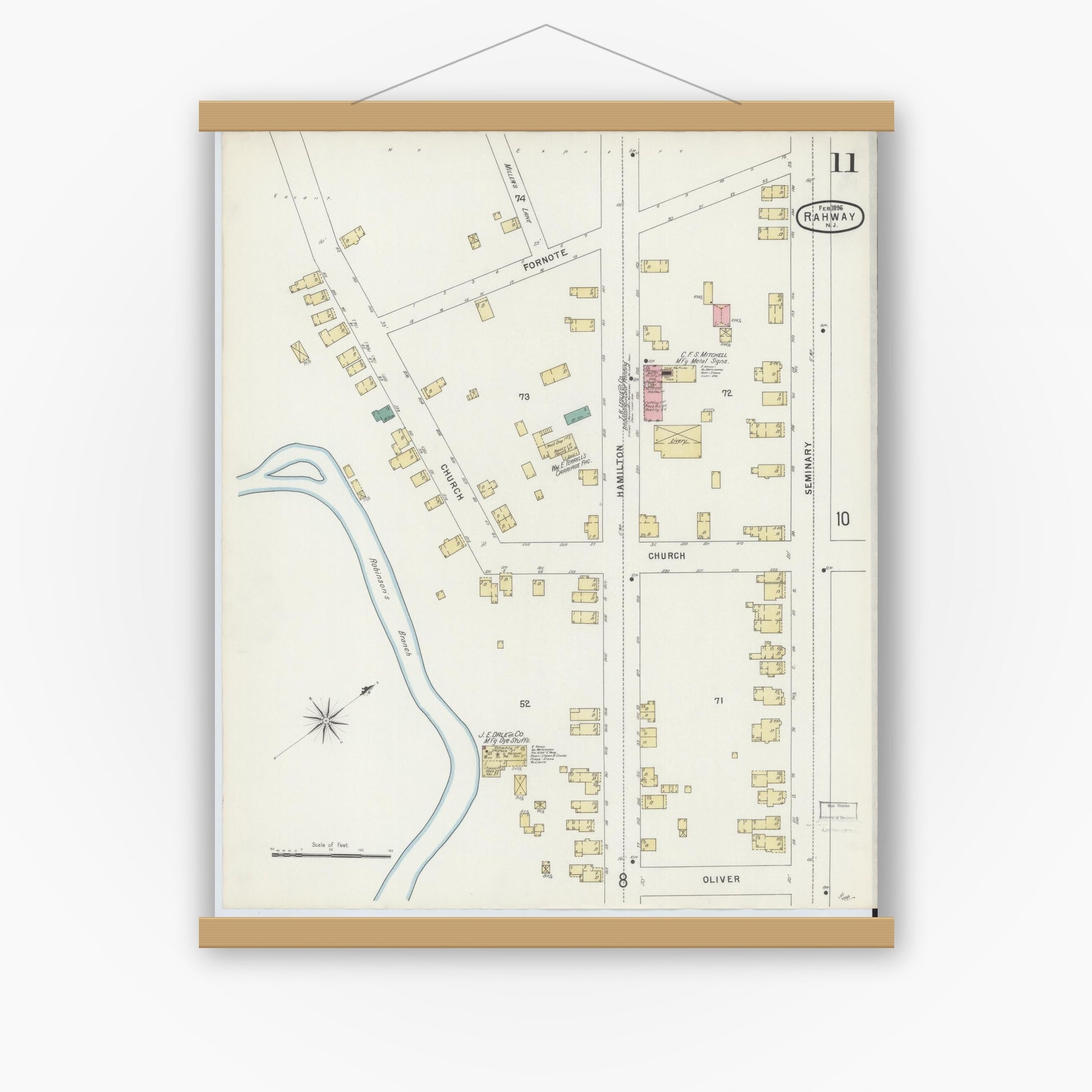 Old map wall art mockup — magnetic wood frame on white wall — Sanborn Fire Insurance Map from Rahway, Union County, New Jersey (1896), Sheet #0011
