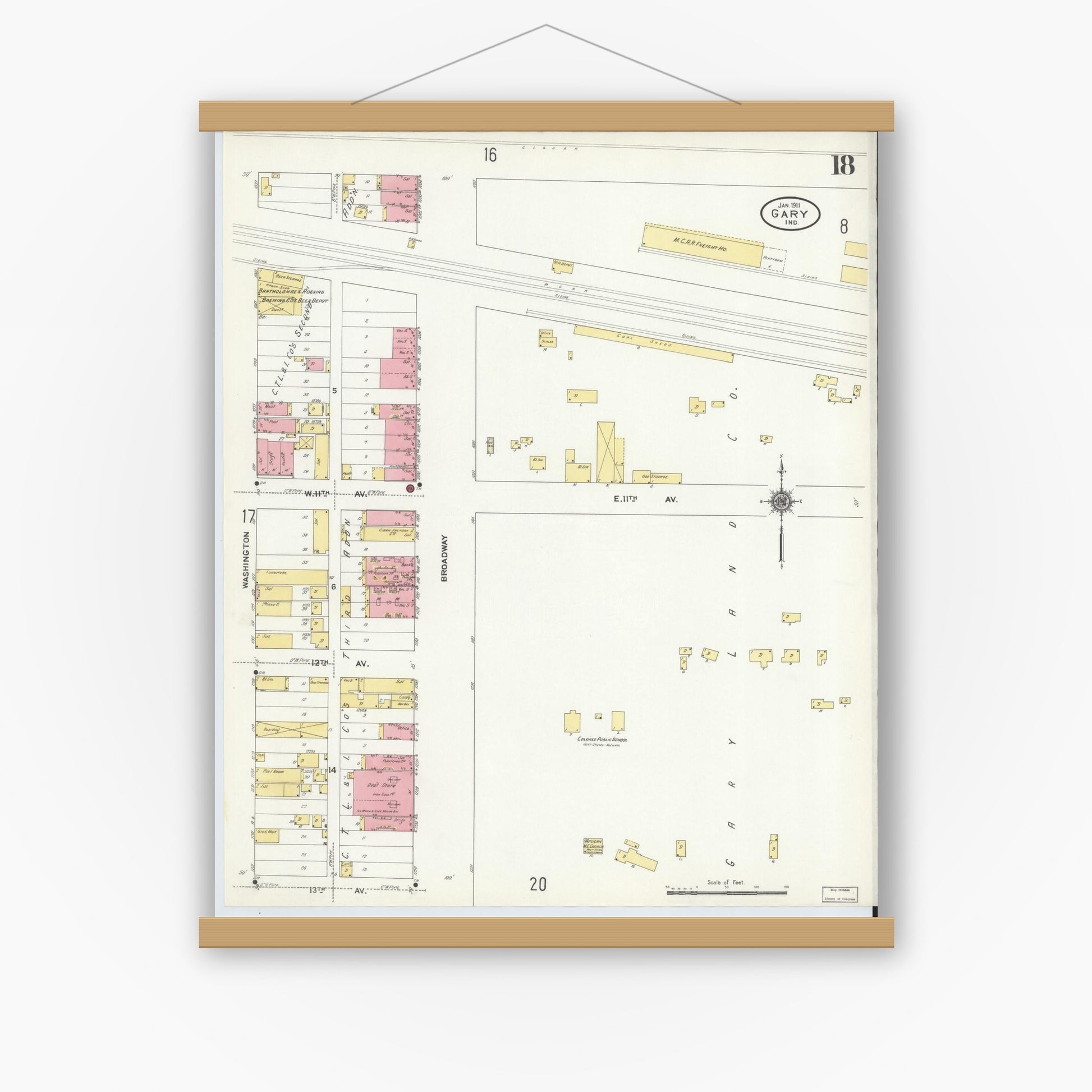 Old map wall art mockup — magnetic wood frame on white wall — Sanborn Fire Insurance Map from Gary, Lake County, Indiana (1911), Sheet #0018