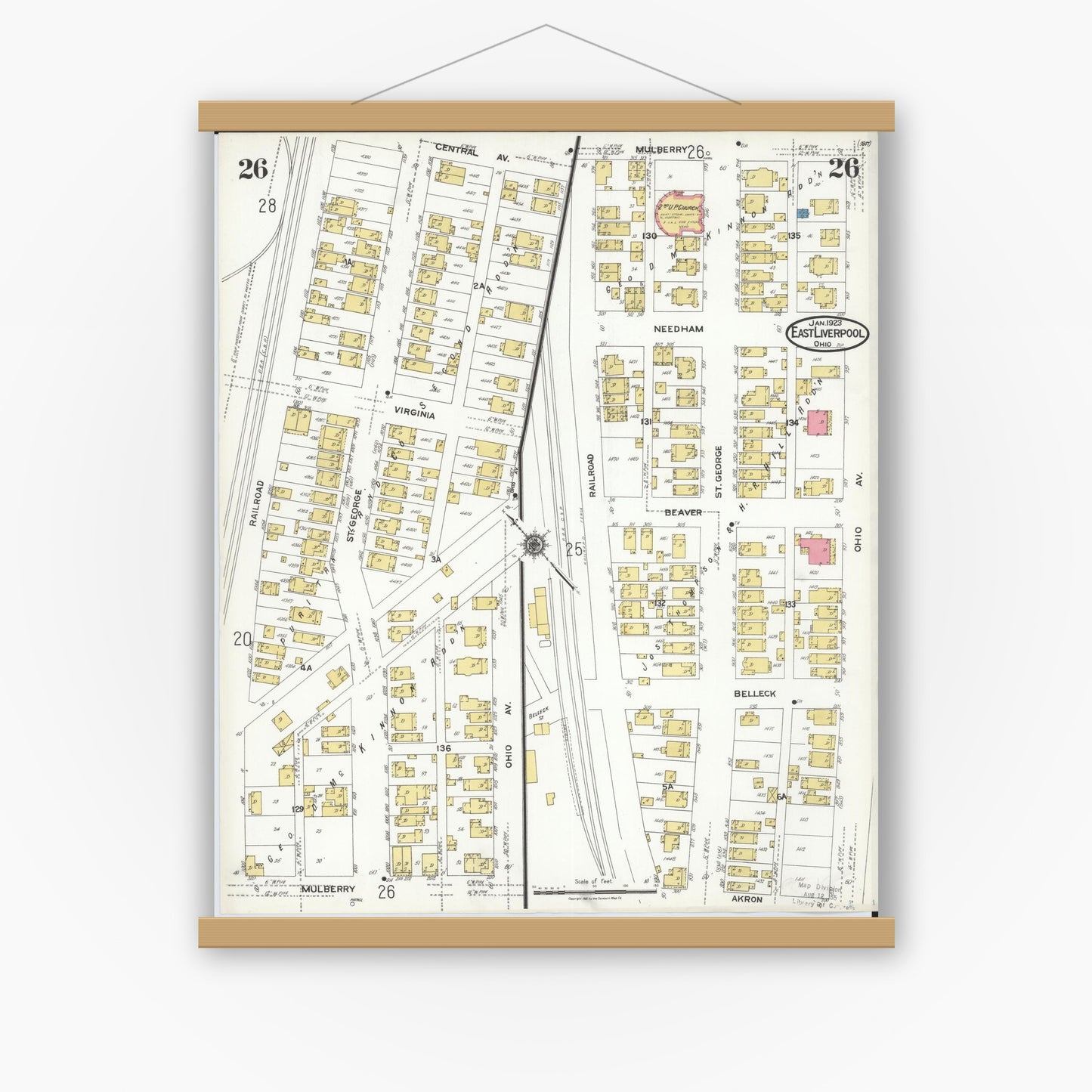 Old map wall art mockup — magnetic wood frame on white wall — Sanborn Fire Insurance Map from East Liverpool, Columbiana County, Ohio (1923), Sheet #0026
