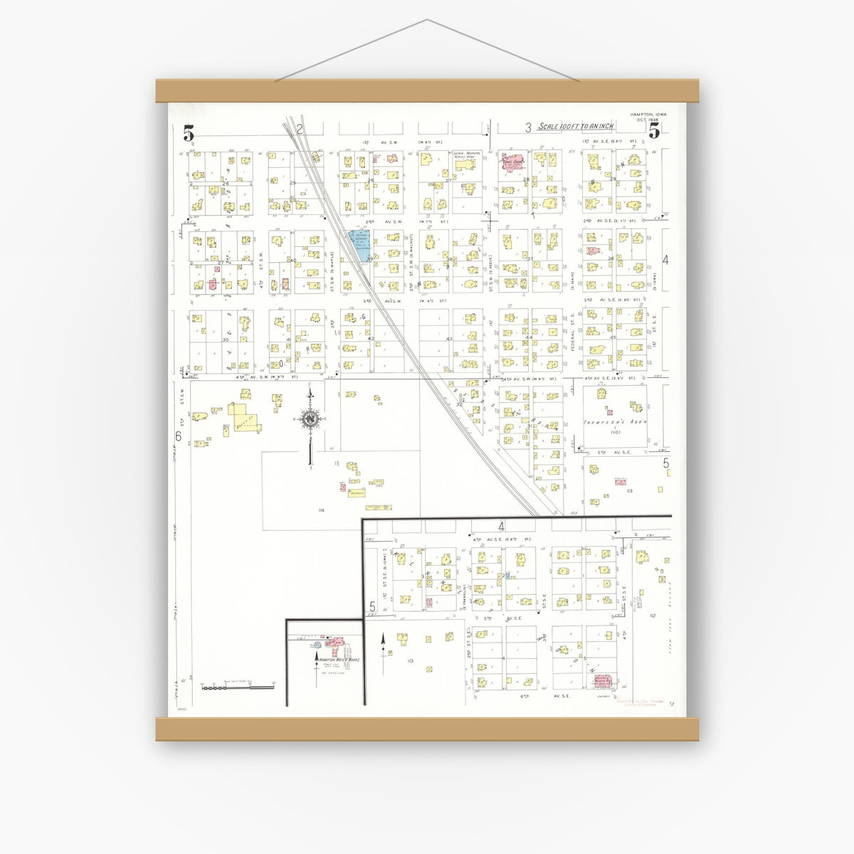 Old map wall art mockup — magnetic wood frame on white wall — Sanborn Fire Insurance Map from Hampton, Franklin County, Iowa (1938), Sheet #0005