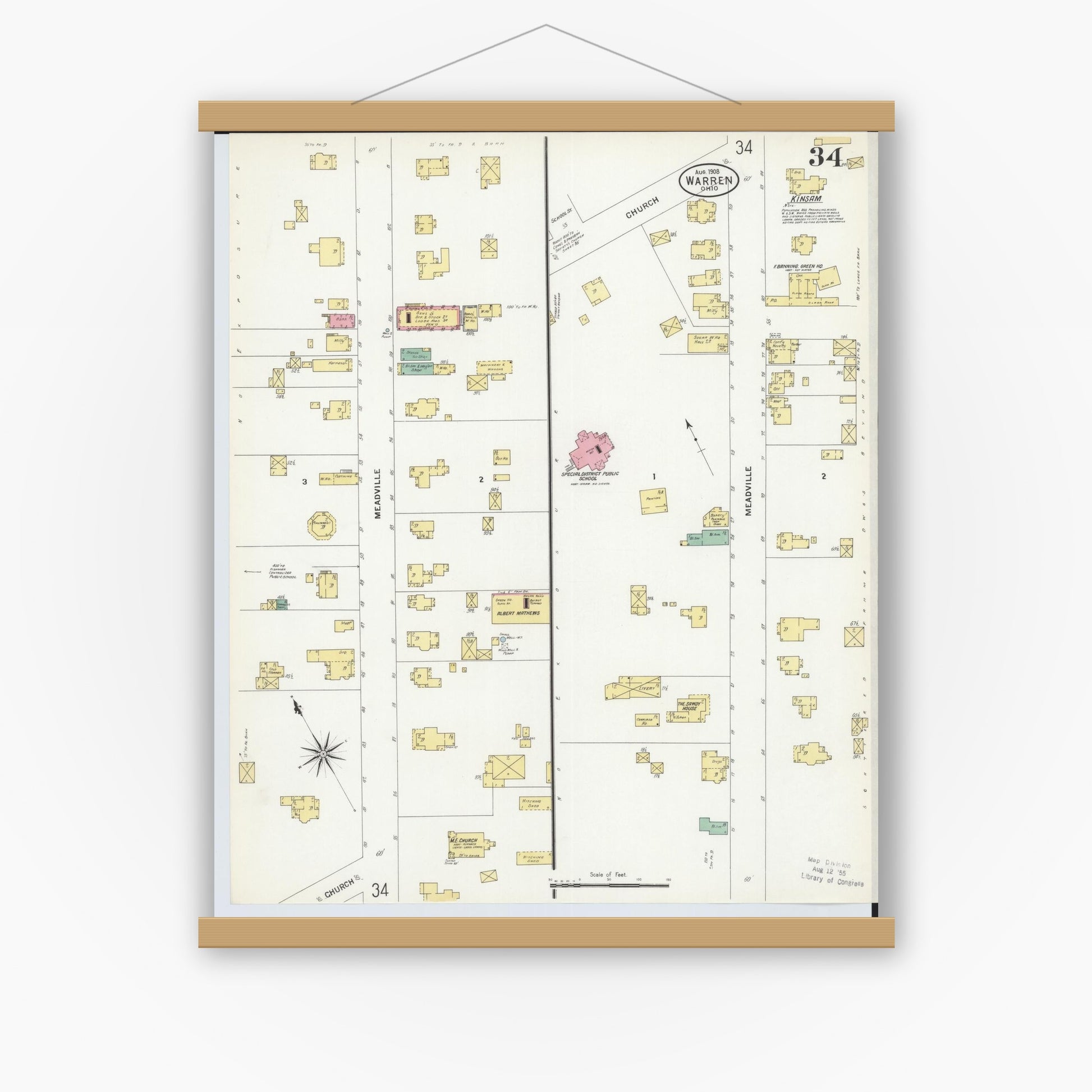 Old map wall art mockup — magnetic wood frame on white wall — Sanborn Fire Insurance Map from Warren, Trumbull County, Ohio (1908), Sheet #0034