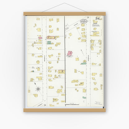 Old map wall art mockup — magnetic wood frame on white wall — Sanborn Fire Insurance Map from Warren, Trumbull County, Ohio (1908), Sheet #0034