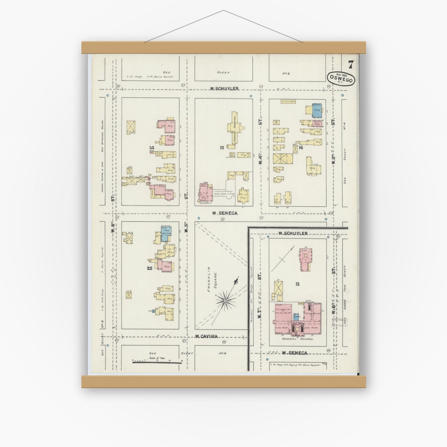 Old map wall art mockup — magnetic wood frame on white wall — Sanborn Fire Insurance Map from Oswego, Oswego County, New York (1890), Sheet #0007