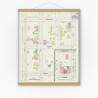 Old map wall art mockup — magnetic wood frame on white wall — Sanborn Fire Insurance Map from Oswego, Oswego County, New York (1890), Sheet #0007