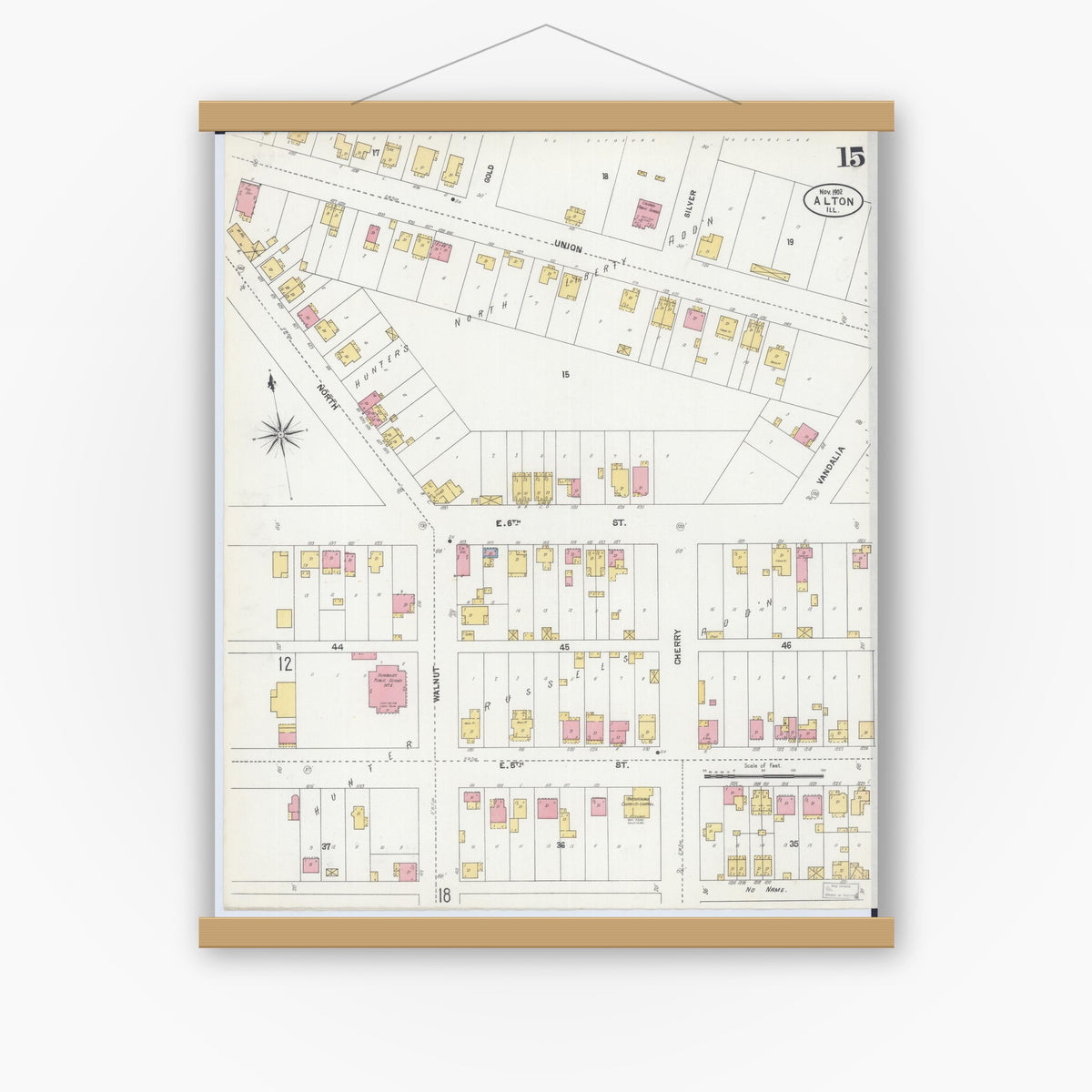 Old map wall art mockup — magnetic wood frame on white wall — Sanborn Fire Insurance Map from Alton, Madison County, Illinois (1902), Sheet #0015