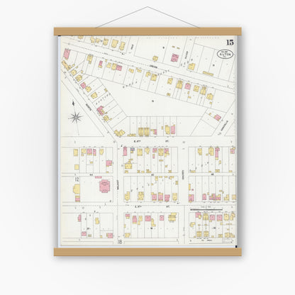 Old map wall art mockup — magnetic wood frame on white wall — Sanborn Fire Insurance Map from Alton, Madison County, Illinois (1902), Sheet #0015