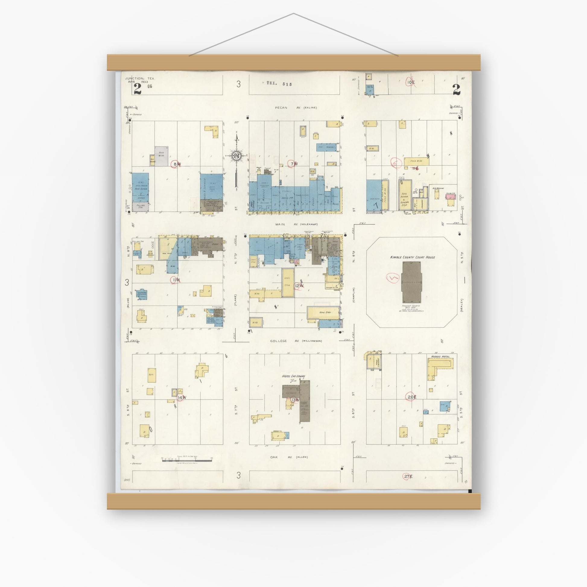 Old map wall art mockup — magnetic wood frame on white wall — Sanborn Fire Insurance Map from Junction, Kimble County, Texas (1942), Sheet #0002