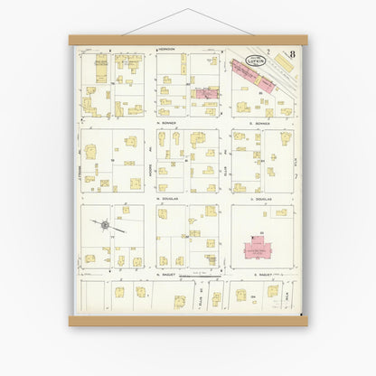 Old map wall art mockup — magnetic wood frame on white wall — Sanborn Fire Insurance Map from Lufkin, Angelina County, Texas (1915), Sheet #0008