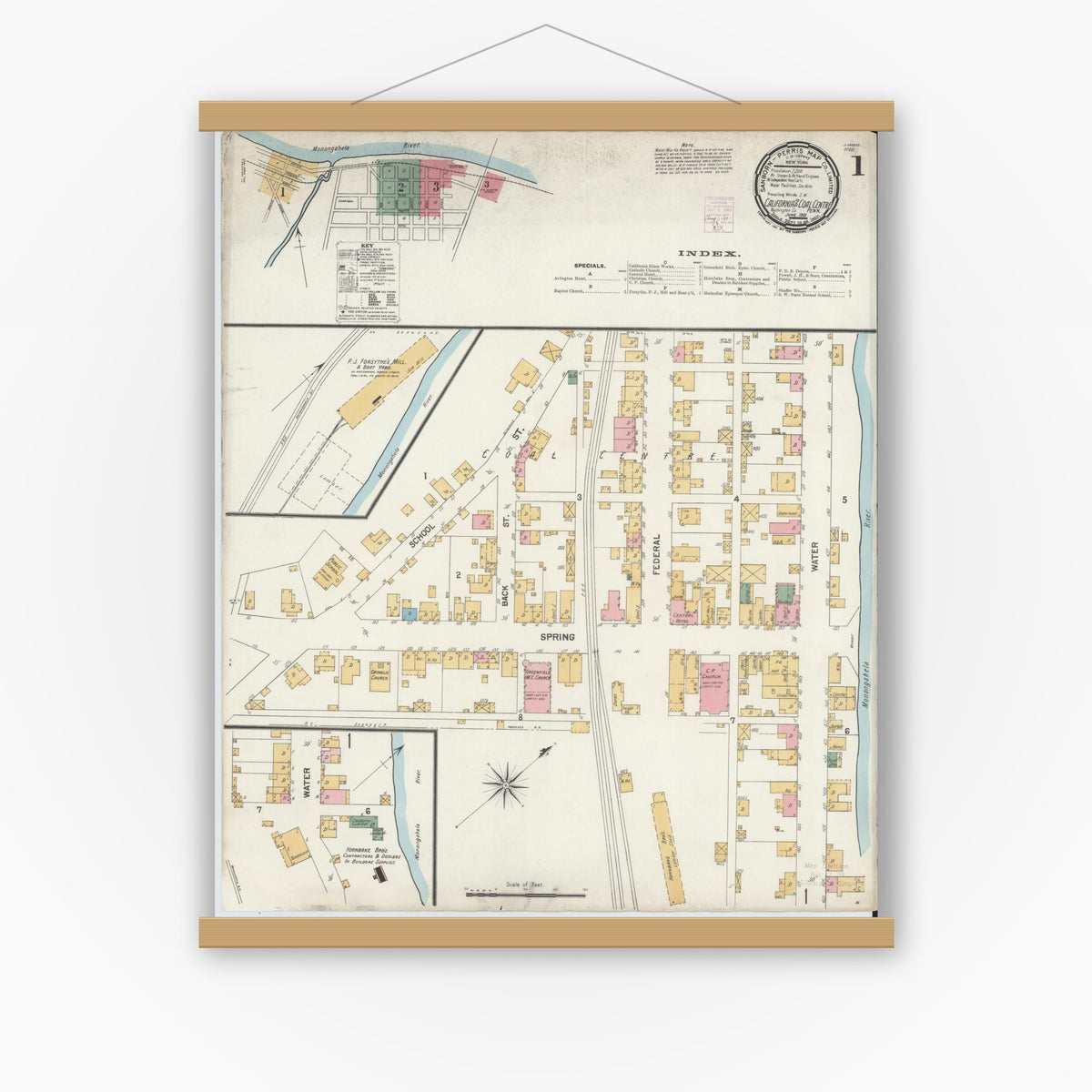 Old map wall art mockup — magnetic wood frame on white wall — Sanborn Fire Insurance Map from California, Washington County, Pennsylvania (1901), Sheet #0001