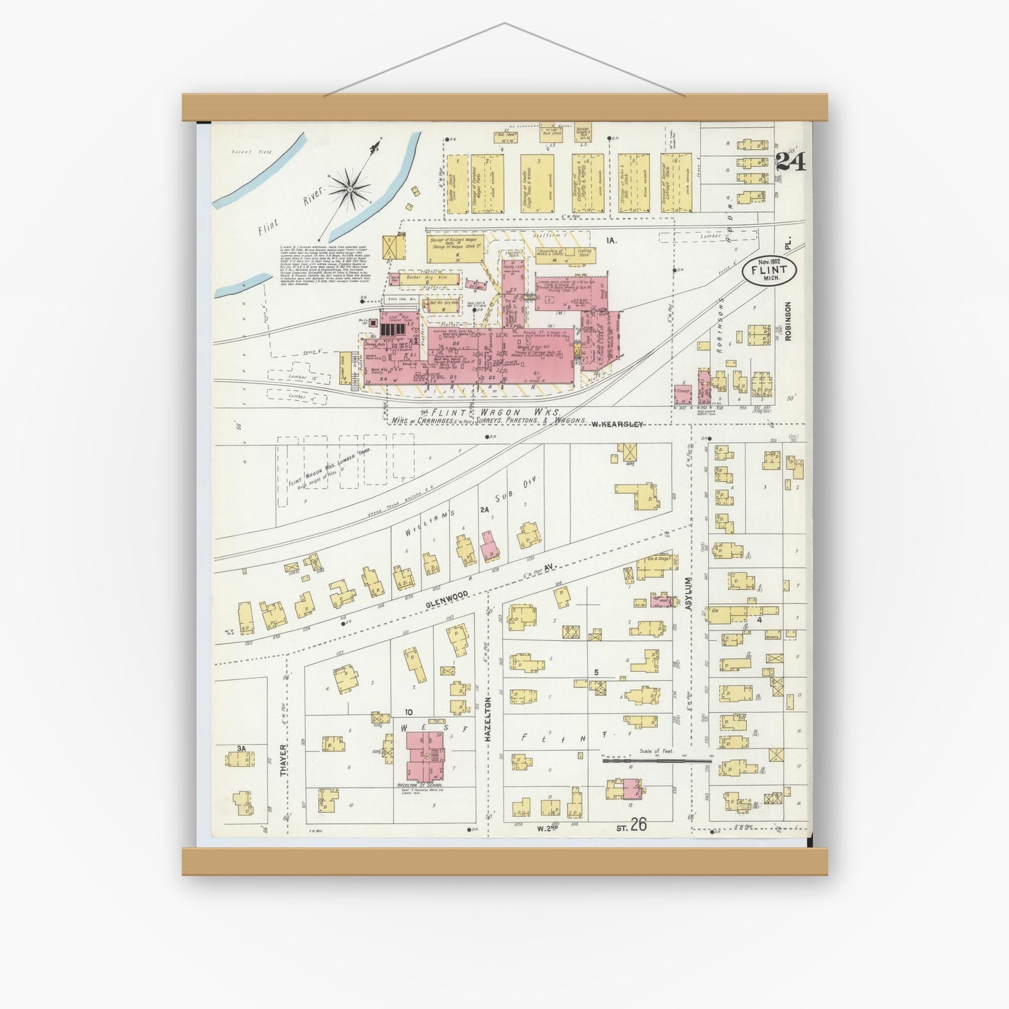 Old map wall art mockup — magnetic wood frame on white wall — Sanborn Fire Insurance Map from Flint, Genesee County, Michigan (1902), Sheet #0024