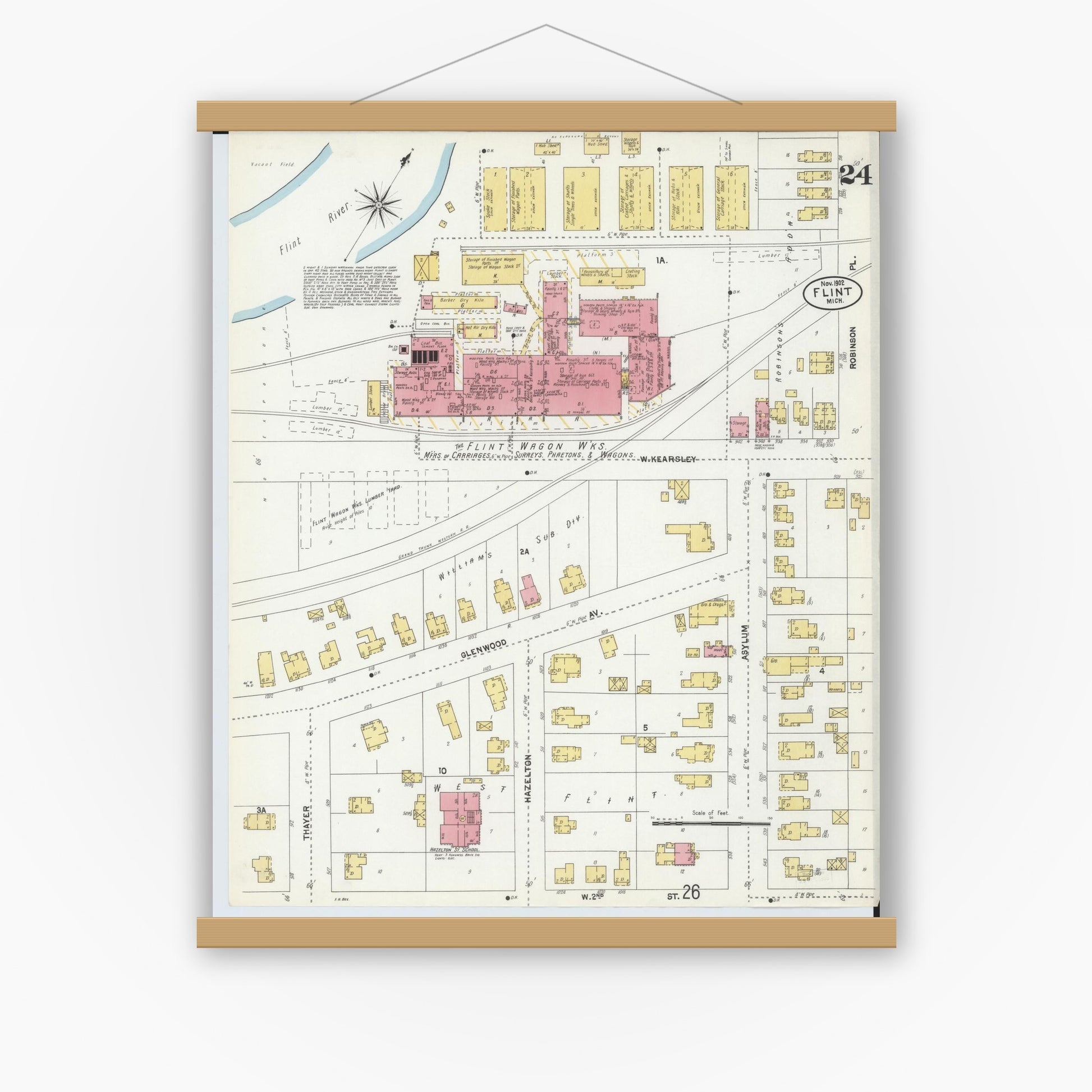 Old map wall art mockup — magnetic wood frame on white wall — Sanborn Fire Insurance Map from Flint, Genesee County, Michigan (1902), Sheet #0024