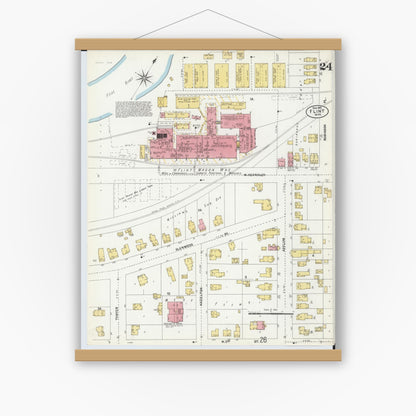 Old map wall art mockup — magnetic wood frame on white wall — Sanborn Fire Insurance Map from Flint, Genesee County, Michigan (1902), Sheet #0024