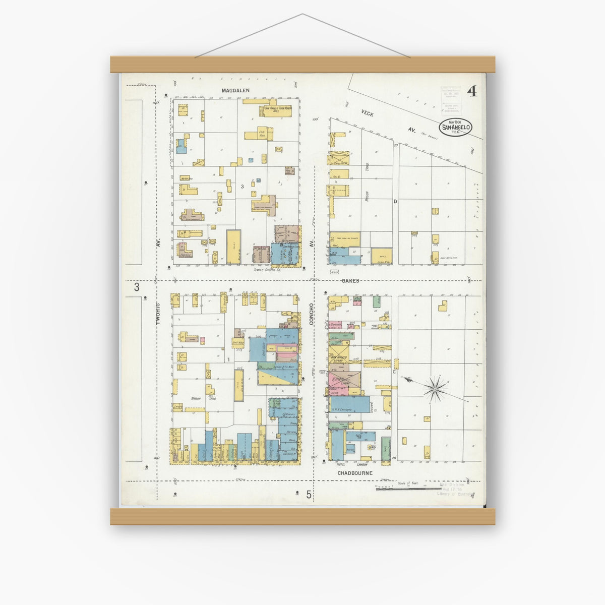 Old map wall art mockup — magnetic wood frame on white wall — Sanborn Fire Insurance Map from San Angelo, Tom Green County, Texas (1900), Sheet #0004