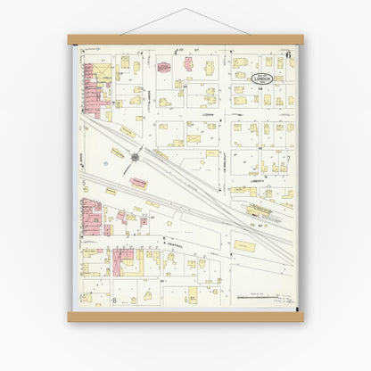 Old map wall art mockup — magnetic wood frame on white wall — Sanborn Fire Insurance Map from London, Madison County, Ohio (1910), Sheet #0006
