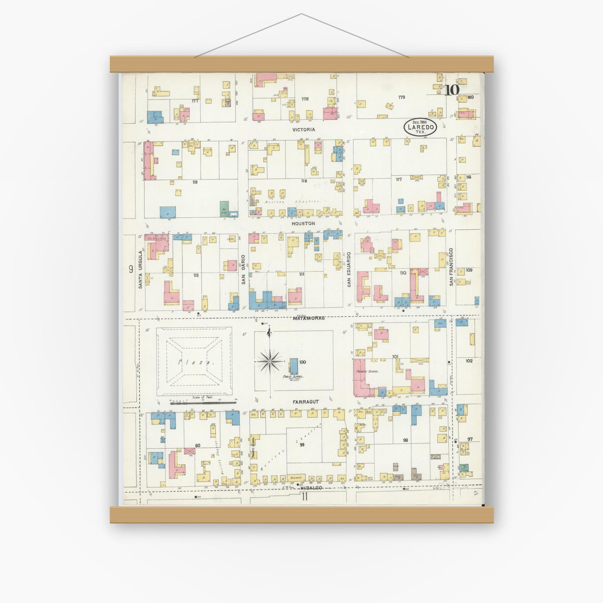 Old map wall art mockup — magnetic wood frame on white wall — Sanborn Fire Insurance Map from Laredo, Webb County, Texas (1905), Sheet #0010