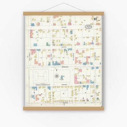 Old map wall art mockup — magnetic wood frame on white wall — Sanborn Fire Insurance Map from Laredo, Webb County, Texas (1905), Sheet #0010