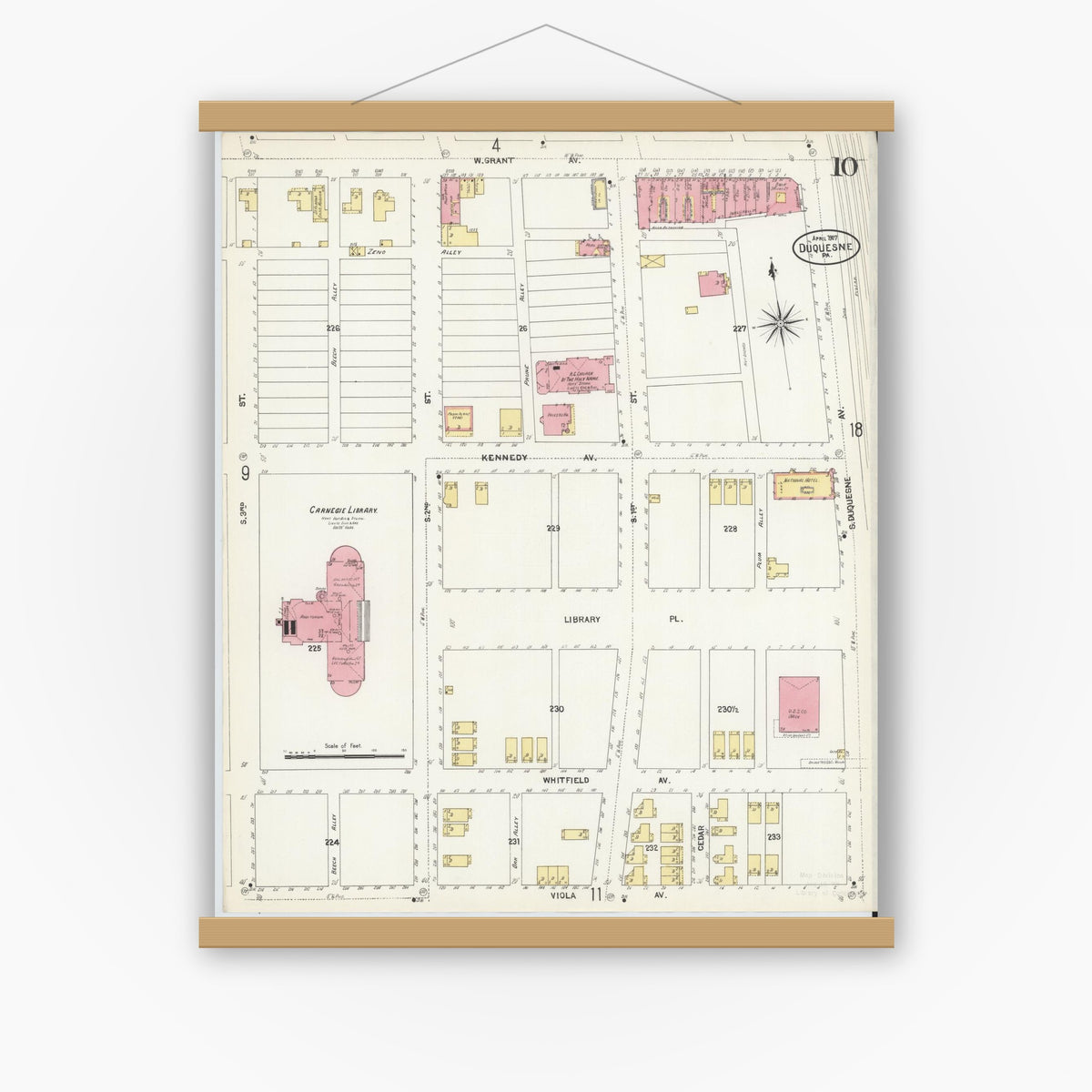 Old map wall art mockup — magnetic wood frame on white wall — Sanborn Fire Insurance Map from Duquesne, Allegheny County, Pennsylvania (1907), Sheet #0010