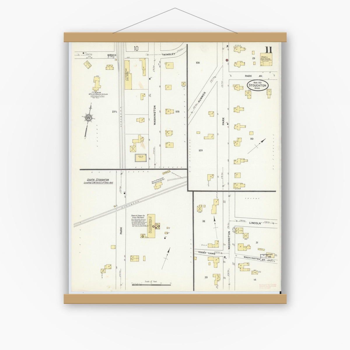 Old map wall art mockup — magnetic wood frame on white wall — Sanborn Fire Insurance Map from Stoughton, Norfolk County, Massachusetts (1912), Sheet #0011