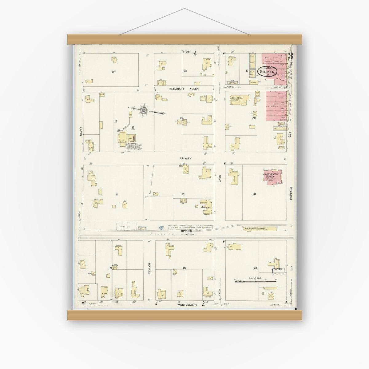 Old map wall art mockup — magnetic wood frame on white wall — Sanborn Fire Insurance Map from Gilmer, Upshur County, Texas (1912), Sheet #0003